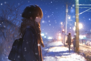 女孩围巾 雪夜街4K动漫壁纸3840x2400