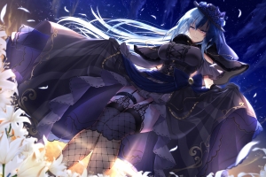 动漫星空 美女 黑色裙子 黑色吊袜网袜 花束吊袜 4k动漫美女壁纸