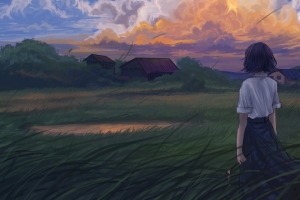 短发女生与云朵田野房子4K带鱼屏动漫风景壁纸3440x1440免费下载