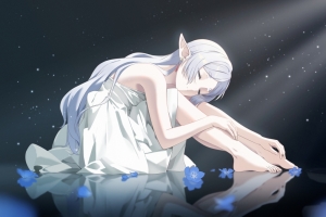 女孩 花朵 尖耳朵 精灵白头发 坐着 闭着眼睛 长头发 星星 4K动漫壁纸