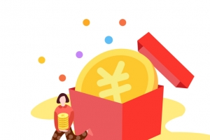 红色系矢量金融女性抱礼物箱金币免抠装饰