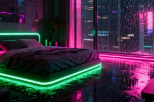 赛博朋克 房间 电脑桌 电脑 机械键盘3440x1440带鱼屏壁纸