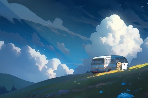 云朵旷野郊游线条小狗4K高清车机壁纸 3840x2160免费下载