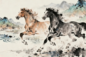 2026马到成功 水墨山水画 两匹骏马 4k壁纸3840x2160