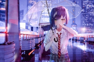 雨天 打伞的女孩学生 眼泪 城市 4k动漫壁纸