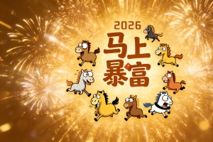 2026暴富主题 可爱马儿烟花橙色背景4K高清壁纸3840x2160免费下载