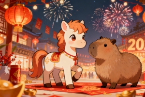 2026马年 新年 小马和卡皮巴拉 喜庆 烟花 灯笼 4k壁纸