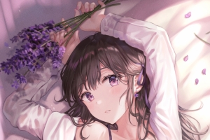 床 女孩子 小睡裙 口红 仰臥 薰衣草 2k全屏面高清手机壁纸