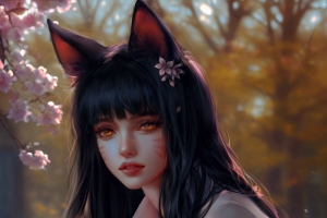 阿狸 厚涂画 兽耳 长发 白色衣服 花 树林 动漫 高清竖屏4k手机壁纸