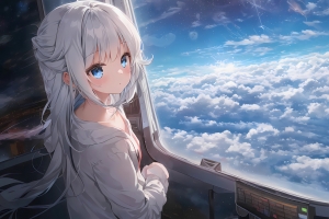 星空少女白云窗口动漫壁纸 2880x1800高清免费下载