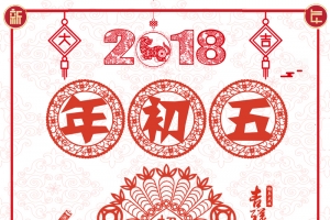 2018喜庆红色剪纸年初五迎财神海报