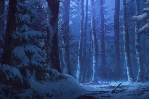 森林 夜晚 冬天 雪 树木 月光 3440x1440带鱼屏风景壁纸