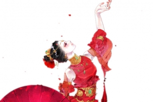 红衣扇子跳舞美女古风手绘