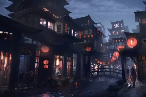 黄金山城 客栈 灯笼 夜景 古风 4k壁纸