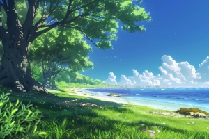清凉一夏 夏天海边风景 绿树 草地 蓝天白云4K壁纸