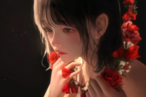 女孩 脸 红色的花 唯美好看4k动漫壁纸