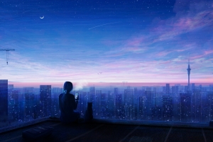 城市 夜晚 女孩 手机 猫 背影 唯美动漫风景4k壁纸