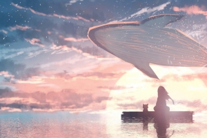 动漫 女孩 鲸鱼 大海 日落 唯美 3440x1440 带鱼屏 壁纸