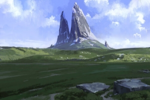 插画高山草地岩石