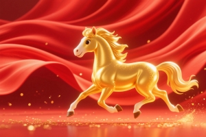 2026年马年图片 金色的马 红色喜庆背景 4K壁纸 3840x2160