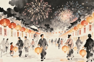 2026新年 烟花 油灯猜字谜 水墨画4k壁纸