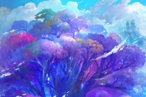 水彩紫色大树城堡