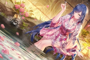 和服美女 室内澡堂 浴池 花瓣 高清4k动漫壁纸