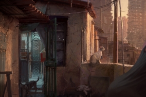 女孩 猫 城市 阳台 插画3440x1440带鱼屏壁纸