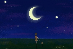 女孩和小狗仰望星空