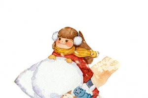 小女孩堆雪球水彩画