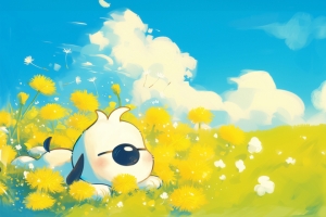 辛巴狗 蓝天 草地 鲜花 3440x1440带鱼屏壁纸