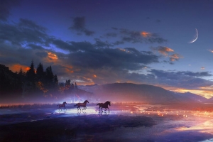 3840x2160 马 艺术 夜晚 光泽壁纸 背景