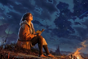 戴眼镜女性夜晚望向天空云朵星星4K动漫高清壁纸免费下载4000x2182