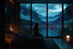 房间 女孩 望着窗外风景 下雨 暗色系 4K壁纸