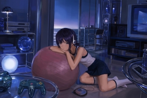 动漫女孩短发戴耳机室内健身球听音乐4K高清壁纸3840x2160免费下载