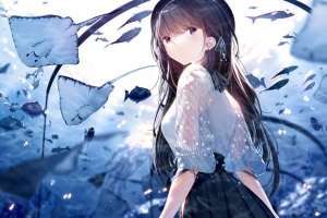 3840x2160 女孩 鱼 水下 动漫壁纸 背景