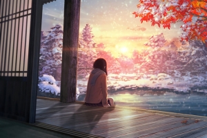 冬天景色 夕阳 晚霞 女孩子 风景 外廊 3440x1440动漫壁纸