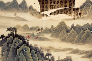 古风水墨彩画 竹 船 桥 建筑 云 湖 山 河 水 雾 手机高清壁纸