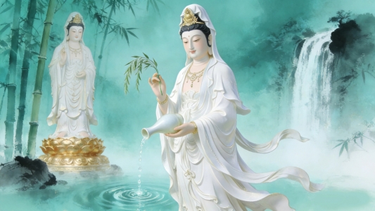 观音菩萨玉净瓶竹林瀑布4K高清宗教壁纸3840x2160免费下载