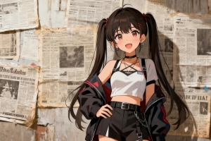 报纸墙 可爱双马尾辫女孩 老旧报子 4k壁纸