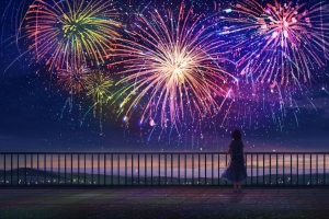 女孩 独自 烟花 动漫 艺术 4k壁纸 3840x2160