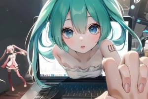 初音未来 穿出电脑屏幕 手紧握手 4K电脑壁纸