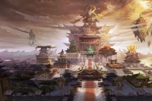 玄幻宫殿古风手绘海报背景
