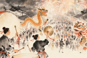 2026新年 烟花 舞龙 舞狮 敲锣打鼓 水墨画喜庆节日4k壁纸