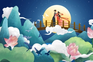 七夕牛郎织女相会荷花背景