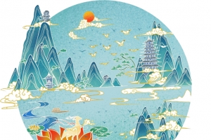 国潮手绘山水建筑装饰