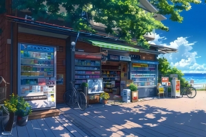 海边小店 树荫 鲜花 3440x1440风景带鱼屏壁纸