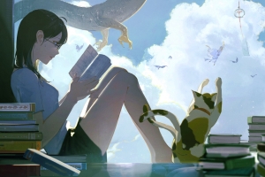 女孩阅读书本仰望天空与龙4K动漫高清壁纸3840x2275免费下载