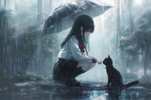 雨天小女孩和猫2560x1600动漫壁纸