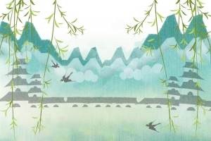 手绘山水牧童吹笛背景图